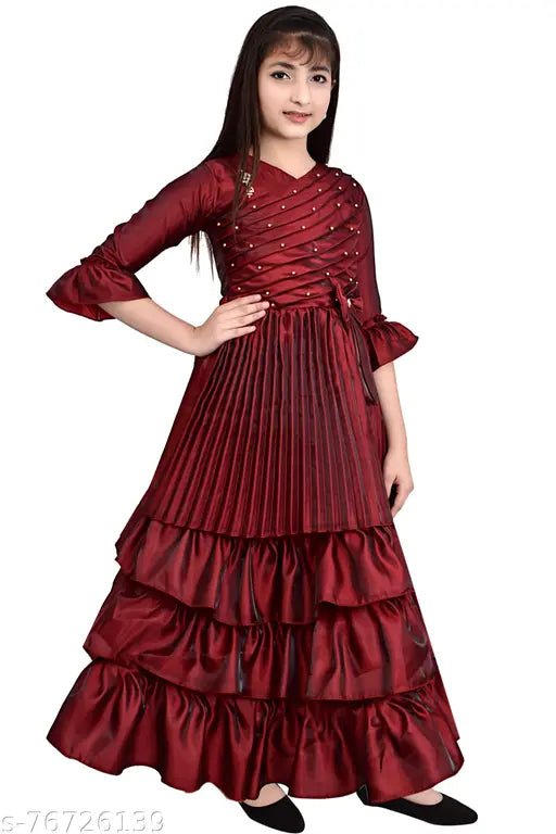 Maroon silk frock, three-quarter sleeve, embellished net, girls' gown dress, single size 7-8 years (India)