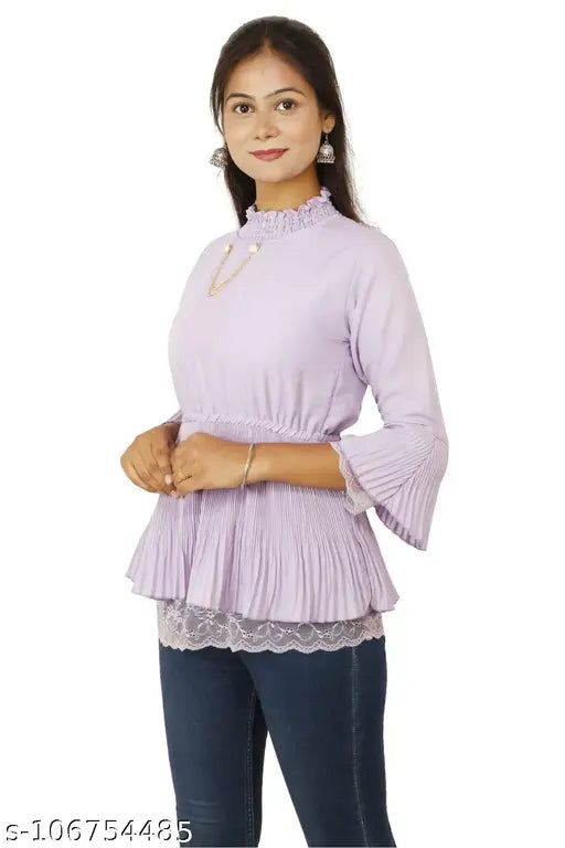 Stylish crepe three-quarter sleeve top, solid net, XS (bust size 32in), Indian apparel