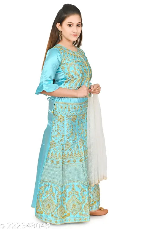 Traditional satin lehenga choli for girls, embroidered with net dupatta, Indian wedding attire, multiple sizes available