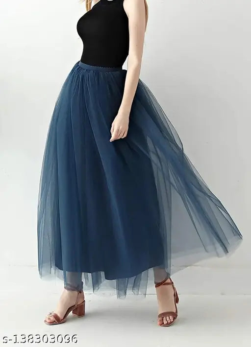 Designer trendy women's navy blue net solid skirt, floor-length with shantoon lining and elastic back, navy blue solid pattern, free size (waist 28-44in), India origin