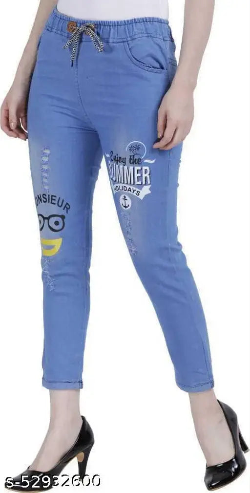 Light blue dyed/washed denim jegging with three-color print. Semi-stretchable fabric for comfort. Trending fashion wear, size 28/30/32 (waist 28in, 30in, 32in, length 34in, hip 30in, 32in), made in India
