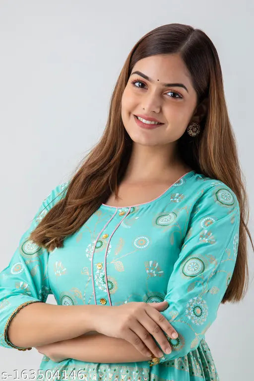 Rayon Charvi Petite Kurtis long frock for women, printed Anarkali style with three-quarter sleeves, perfect for parties. M, L, XL, XXL sizes available