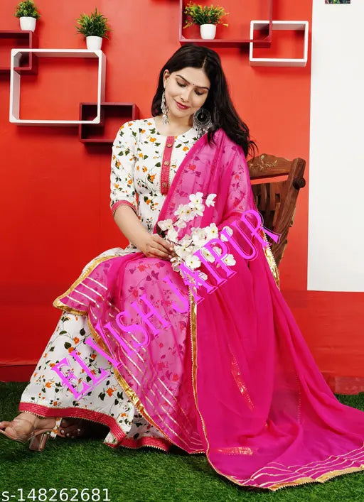 Elvish Jaipur Women's Pure Cotton Printed Net Kurta & Dupatta Set, Three-Quarter Sleeves, Round Neck, Embroidery Work, Rayon Fabric, India