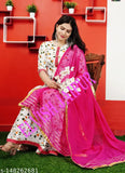 Elvish Jaipur Women's Pure Cotton Printed Net Kurta & Dupatta Set, Three-Quarter Sleeves, Round Neck, Embroidery Work, Rayon Fabric, India