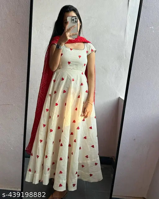 Red heart hand block print kurti gown in cotton fabric with digital print dupatta, traditional Indian attire for women on mirror selfie