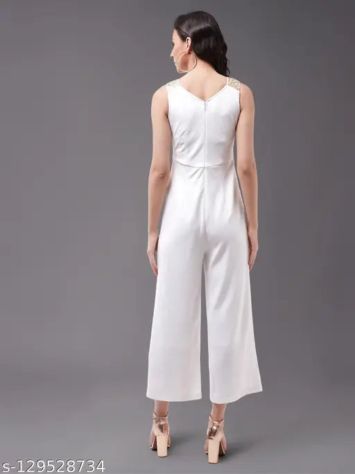 White polyester solid v-neck women's jumpsuit with sequin panel, off white knit, wide leg, and zipped closure