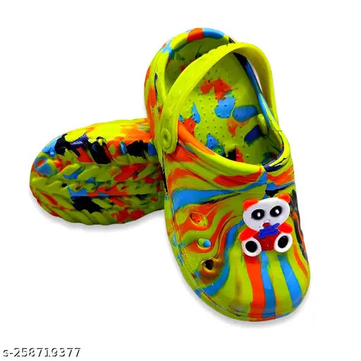 Green sandals with colorful swirl design, likely plastic or rubber
