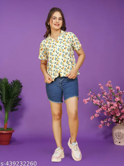 Printed hemp shirt, polycotton construction, short sleeves, sustainable women's clothing, citrus harvest design (size M)