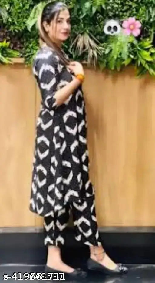 Rayon angarkha kurta set with printed arrow pattern, pairing with rayon pants for modern versatility, traditional Indian elegance