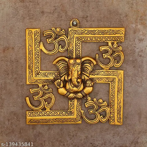 Metal net Lord Ganesha wall hanging on Swastik with Om decorative, modern religious idol for home decor show piece. Perfect gifting option for Ganesh Chaturthi or as a spiritual gift. Handmade in India