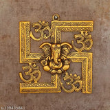 Metal net Lord Ganesha wall hanging on Swastik with Om decorative, modern religious idol for home decor show piece. Perfect gifting option for Ganesh Chaturthi or as a spiritual gift. Handmade in India