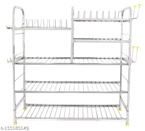 5-tier stainless steel wall-mounted kitchen rack with dish storage and cutlery stand