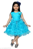 A blue single-fit and flared sleeveless dress with a V-neck design for young girls