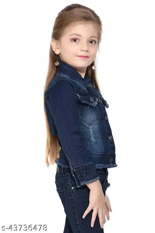 A young girl is wearing a blue denim jacket