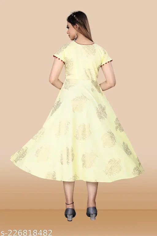 Rayon long flared gown kurta, sleeveless, printed, single-tier Indian fashion wear for larger sizes - L (40in bust), 4XL (48in bust), 7XL (54in bust)