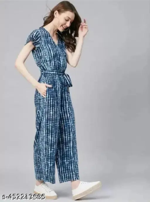 Blue rayon short-sleeve printed net jumpsuit, suitable for various occasions, ethnic women's wear from India