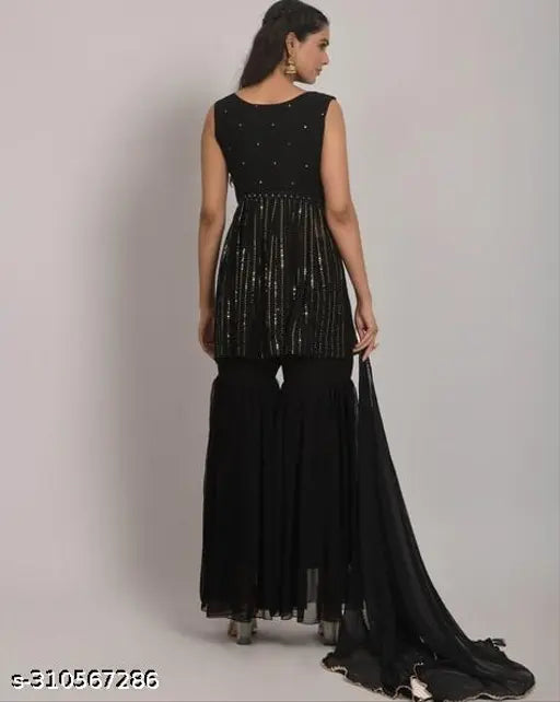 Embroidered sequin georgette top with sharara and dupatta set