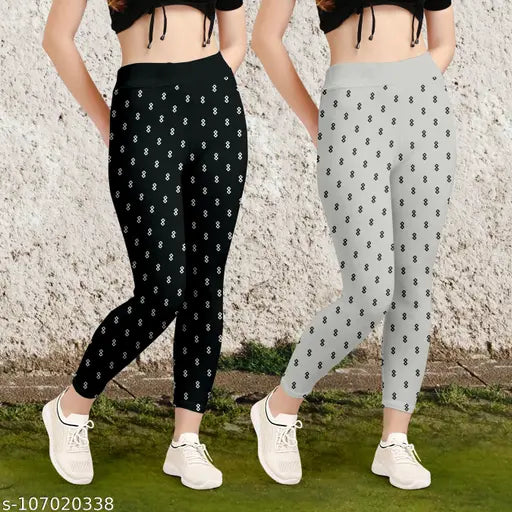 Cotton blend printed jeggings for women and girls, slim fit, ankle length, high rise, elastic closure. Sizes: 26 (28in/35in), 28 (30in/35in), 30 (32in/35in), 32 (34in/35in), 34 (36in/35in). Made in India