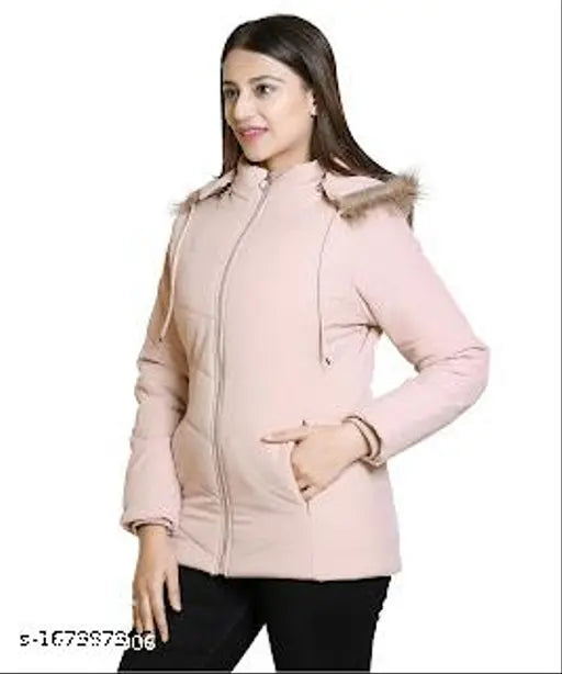 Solid nylon quilted winter jacket for women, Brazo brand, long sleeves, solid pattern, zip closure