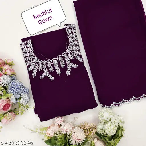 Purple Georgette Anarkali gown with dupatta, embroidered and embellished, long sleeves, lace trim, fabric details include nack line embroidery, India origin, size S-XXL