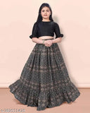 Black rayon round neck lehenga choli set for kids, ethnic motif with three-quarter sleeves, Indian party wear