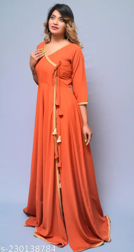 Orange polyester v-neck Angrakha kurti for women, elegant partywear in solid color, three-quarter sleeves, XS to XXXL sizes, handcrafted in India