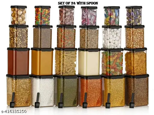 Royalryte Pet Plastic Airtight Canister Set, BPA free food grade airtight canisters, Stackable, Transparent 350ml 650ml 950ml and 1400ml pack of 24