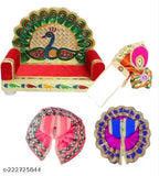 Wooden Laddu Gopal Singhasan with 2 Poshak and 1 Mukut/Pagdri, Size 2, silk-dressed Indian decor item on display