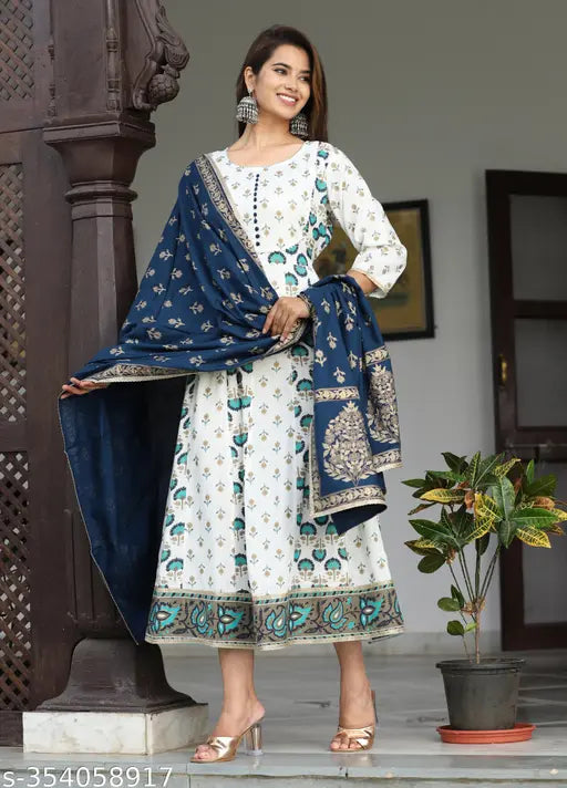 Long kameez with dupatta party dress, white and blue floral print on a dark base