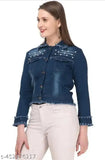 Modern stylish women's denim jacket, solid navy blue long sleeves, size S-XL, made in India