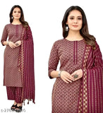Striped three-quarter sleeve cotton kurtis, perfectly stitched with jacquard dupatta. Indian women's fashion, four size options available