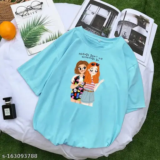 Large blue crew-neck T-shirt featuring graphic print of two characters, one with red hair and the other with blonde hair, from the show 'Stranger Things