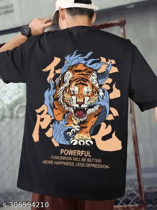 Men's black cotton graphic printed oversized t-shirt by Hiden Brooks. Perfect for all-day wear and suitable for various outfits, including jeans, shorts, and athletic wear. High-quality backprint." (123 characters)