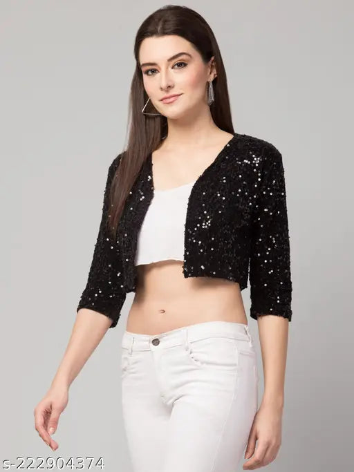 Velvet sequins jacket, embellished net pattern, three-quarter sleeves, India-made fashion jacket