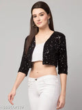 Velvet sequins jacket, embellished net pattern, three-quarter sleeves, India-made fashion jacket