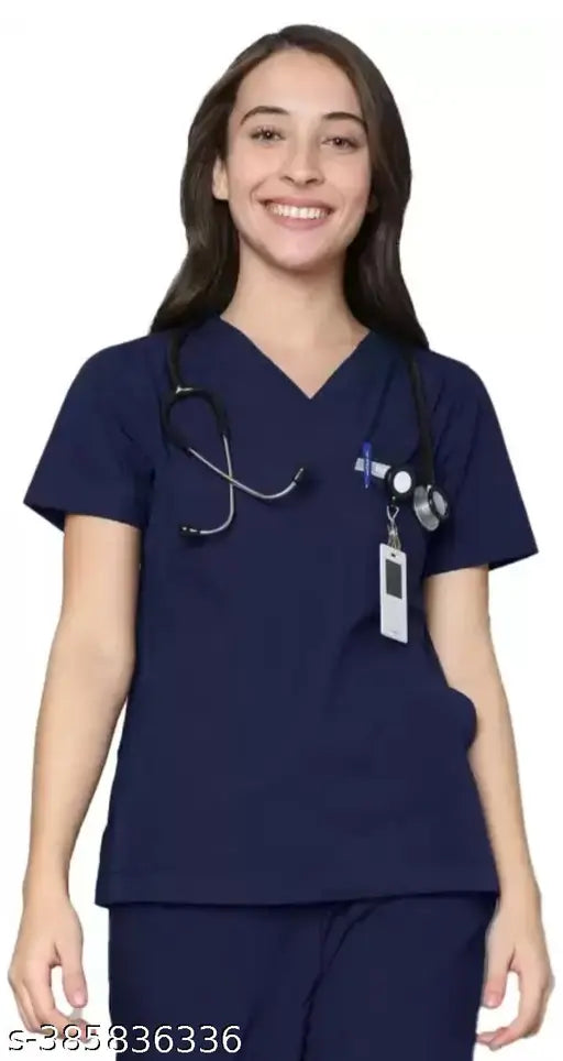 Navy blue nylon short sleeve scrub suit with multiple pockets, durable and wrinkle-resistant for healthcare professionals