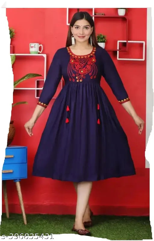 Rayon embroidered gown for women and girls, solid combo, three-quarter sleeves. Indian party wear dress, Anarkali style, under $300. Beautifully embellished front side