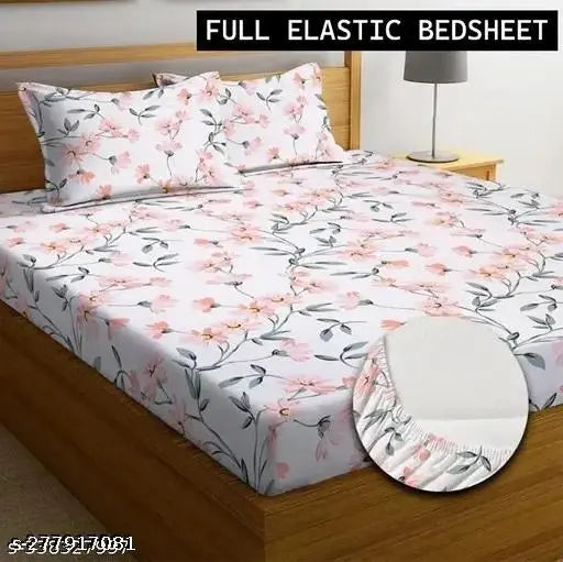 Elastic fitted, printed cotton double bedsheet with 2 pillow covers (78x72x8 inches), perfect for a snug, wrinkle-free fit and easy home decor