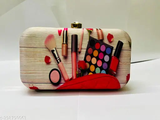 Women's party clutch purse with candorcraft logo, cosmetic brushes, and colorful makeup