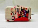 Women's party clutch purse with candorcraft logo, cosmetic brushes, and colorful makeup