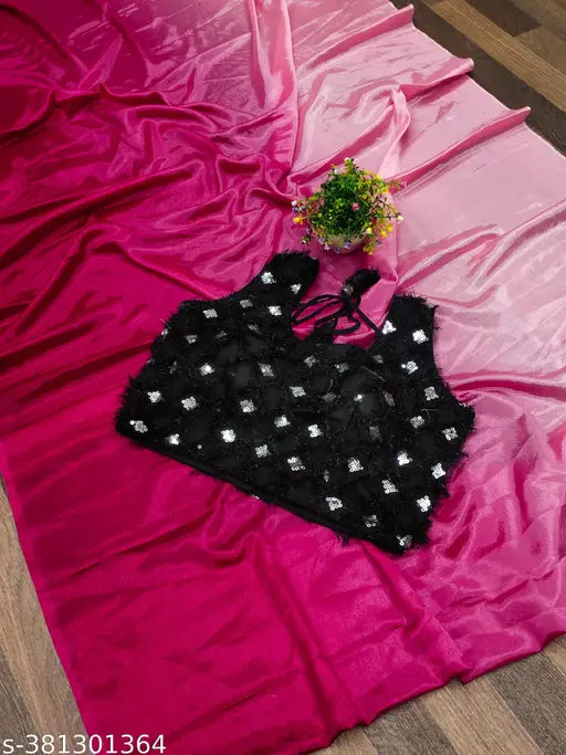 Pink silk saree with black border, traditional mehandi design