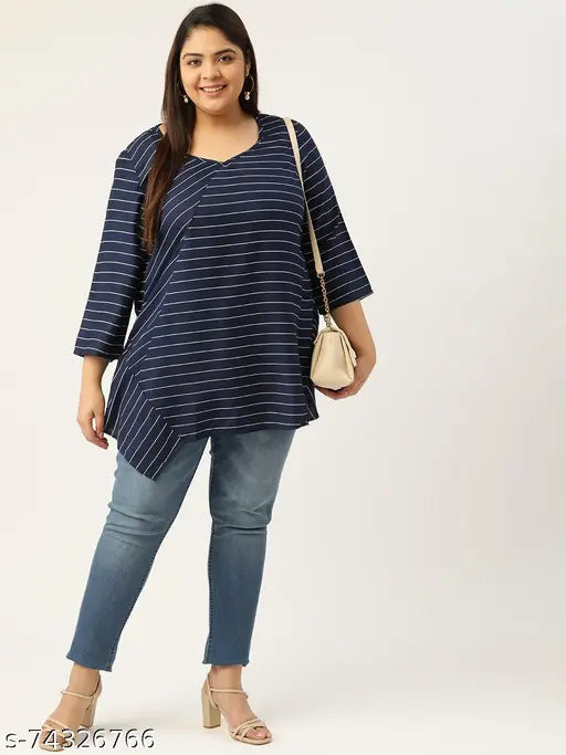 Navy blue & white striped viscose rayon V-neck top with three-quarter sleeves, plus size by theRebelinme, on hanger