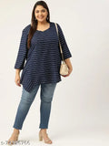 Navy blue & white striped viscose rayon V-neck top with three-quarter sleeves, plus size by theRebelinme, on hanger
