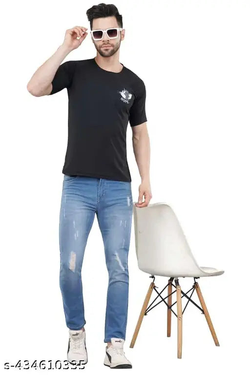 Fashionable polycotton round neck t-shirt, grey with printed design, men's size M