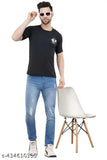 Fashionable polycotton round neck t-shirt, grey with printed design, men's size M