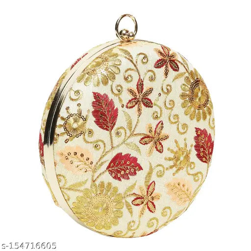 Gold fabric clutch with floral pattern, metal frame case for all occasions