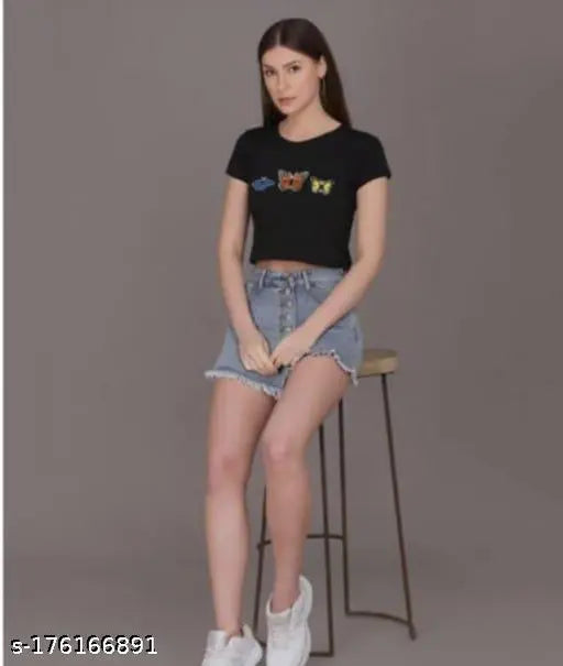 Printed cotton blend crop top for girls and women, black butterfly design on a net background