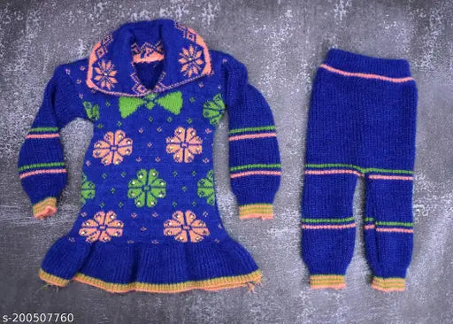 Woolen striped dress set: Infant warm winter wool sweater skirt, full sleeve, floral design, 6-12 months