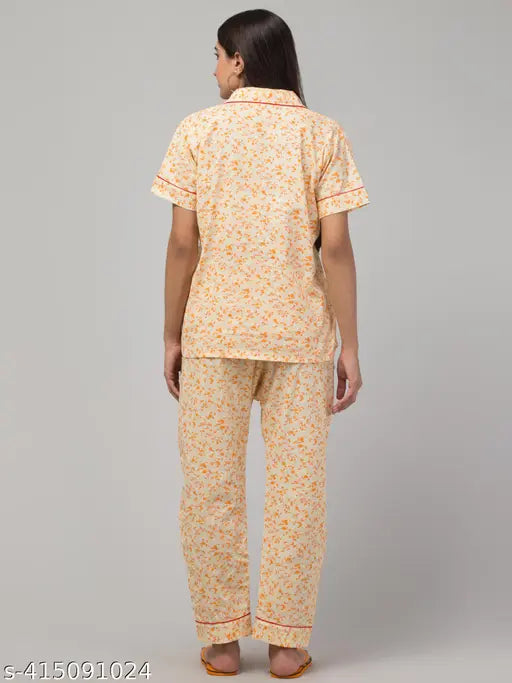 Orange pure cotton night dress for women & girls - printed design, short sleeves