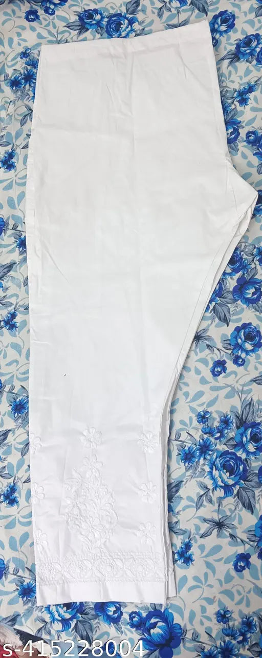 White cotton churidhar pant with blue floral embroidery
